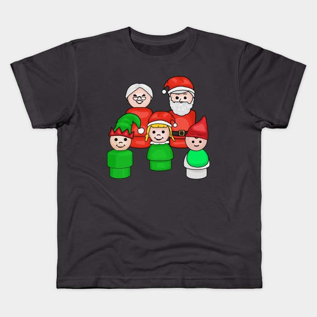 Santa, Mrs Claus, and 3 Little Elves Kids T-Shirt by Slightly Unhinged